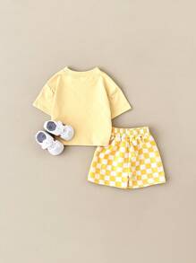 2 件套男童休闲纯色短袖 T 恤格纹双色短裤，夏季