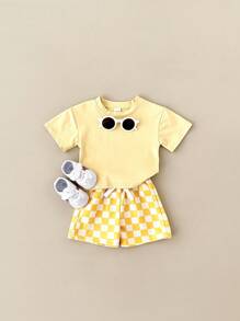 2 件套男童休闲纯色短袖 T 恤格纹双色短裤，夏季