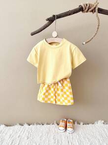 2 件套男童休闲纯色短袖 T 恤格纹双色短裤，夏季