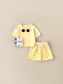 2 件套男童休闲纯色短袖 T 恤格纹双色短裤，夏季