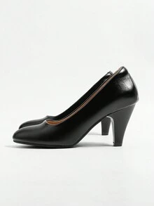 女士黑色職業鞋，適用於面試、空服員和公務員，圓頭舒適滑入式鞋面，柔軟大底，顯專業 - 黑色 - 查看 2