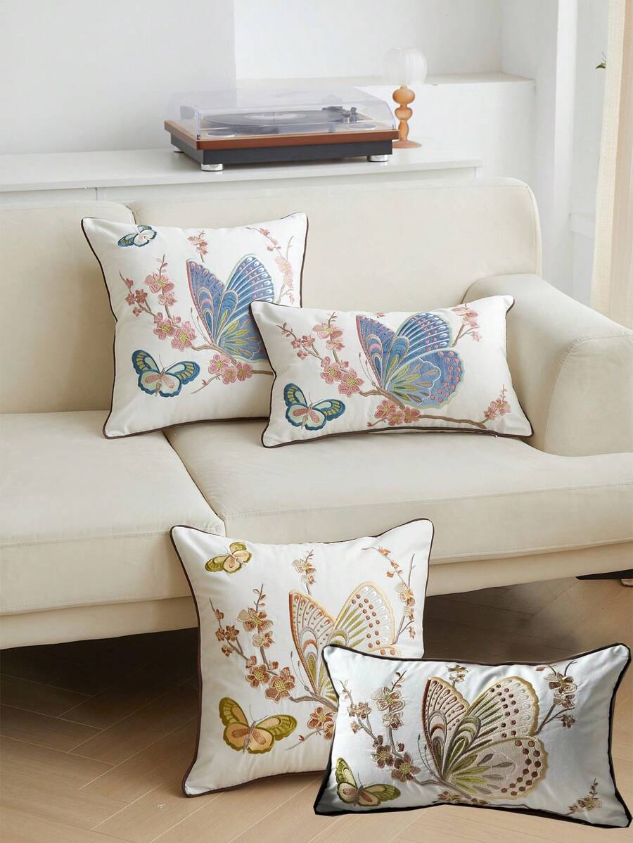 1pc Butterfly Embroidery Pillowcase, Suitable For All Seasons, Home Decor For Living Room And Indoor Use - Multicolor - View 1