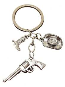 1 pieza Llavero de pistolero vaquero occidental con sombrero vaquero en miniatura, botas de montar y pistola para colgar en la mochila - Plateado - Ver 7