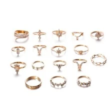 Juego De 17 Anillos Estilo elegante De Perlas Y Elementos Vintage, Adecuados Para El Uso Diario De Mujeres y Jovenes Diseño Elegante Con Perlas Simuladas, Hojas Y Borla - Dorado - Ver 4