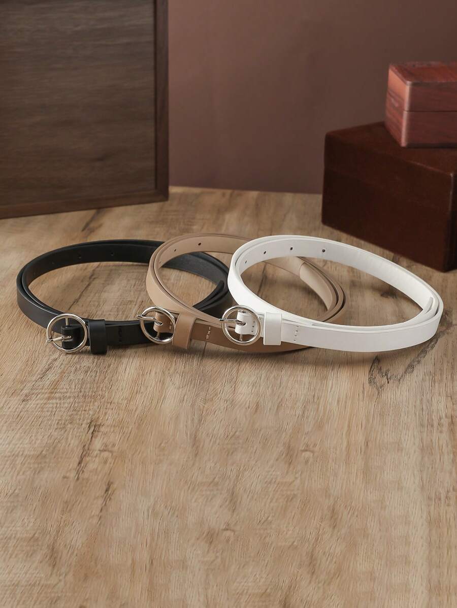 3件套女士多色PU腰带，配银色圆扣，时尚细腰带，适合日常夏季、秋季上学、万圣节等场合。 - 彩色 - 查看 1