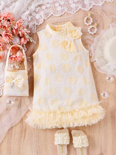 Young Girl Fashion Sleeveless Bowknot Dress With Matching Butterfly Handbag For Summer