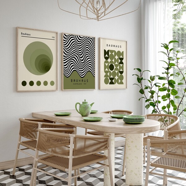 Conjunto de 3 posters abstractos de lienzo estilo Bauhaus en color verde salvia, sin enmarcar, arte de pared impermeable, pinturas de arte moderno para regalo, decoración de pared del dormitorio, sala de estar, oficina, comedor, baño, cafetería, bar, decoración del hogar y la oficina
