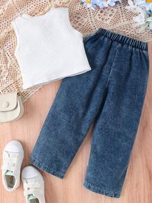 2 piezas Conjunto de top acanalado + pantalones para bebé niña, conjunto de ropa delgada de verano - Blanco - Ver 2