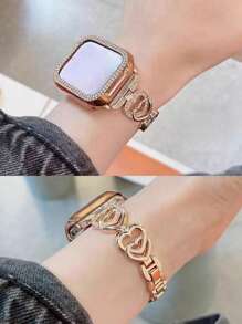 一套锌合金心形水钻装饰金属表带手链 + 一个水钻表壳，兼容 9SE、8、7、6、5、4、3、2、1、Ultra，尺寸 38mm、40mm、41mm、44mm、45mm，佩戴方便，尺寸可调节，时尚玫瑰金表带，闪耀元素，女士专属 - 玫瑰金 - 查看 7