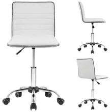Furniwell Mid Back Vanity Chair For Makeup Room, Low Back PU Leather Swivel Computer Desk Chair, Task And Office Chair Retro With Armless Ribbed - White - View 4