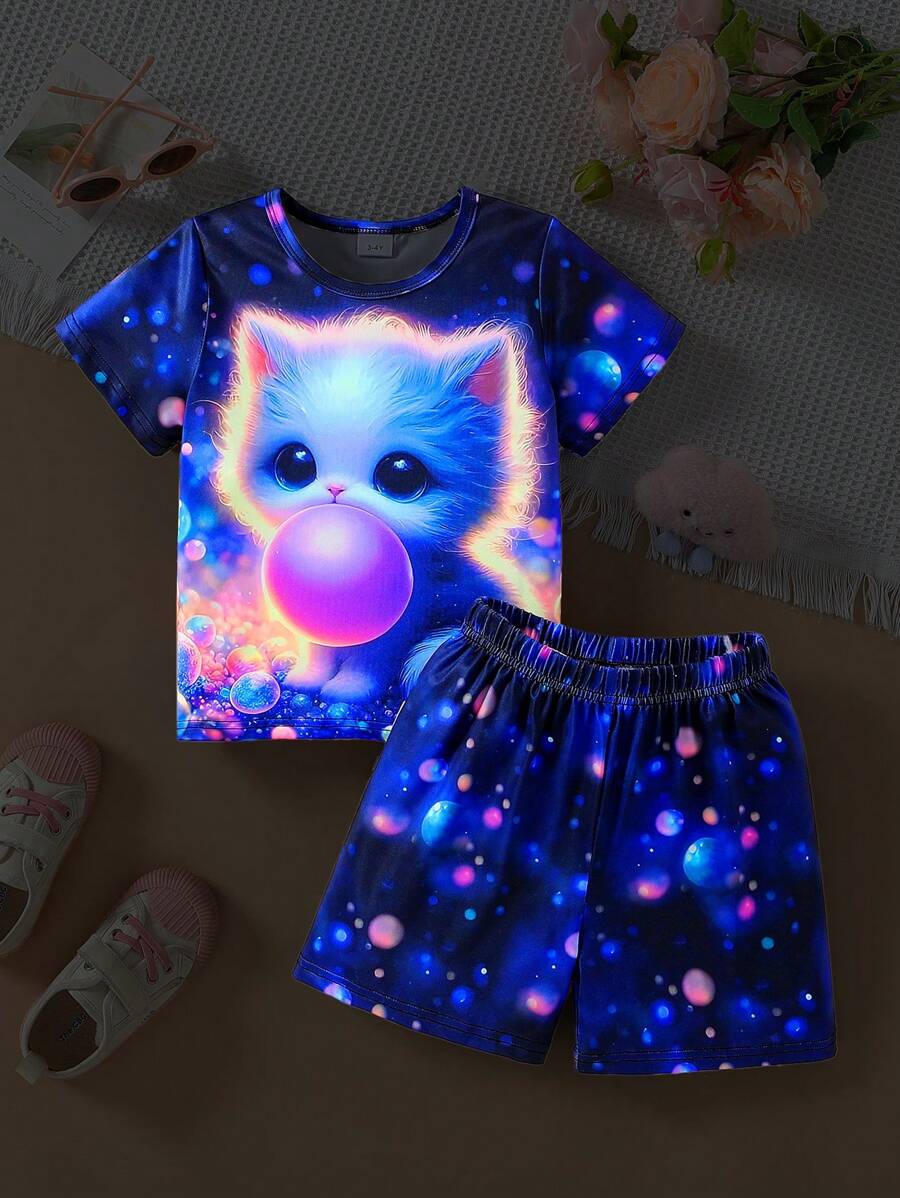 Young Girl Cute Cat Cartoon Print Short Sleeve T-Shirt And Shorts Casual Comfortable 2pcs Set, Summer
