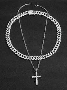 2PCS Necklace Paired With Vintage Cross Pendant Necklace Made Of Rhinestone Material Fashionable Vintage Set Birthday Gift For Men