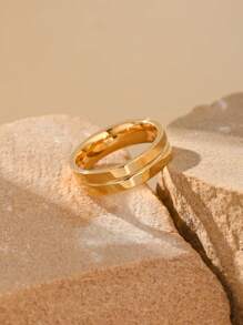 1pc Stainless Steel 18K Gold Plated Minimalist Retro Concave Line Men's Rings Summer Jewelry - Ring - View 3