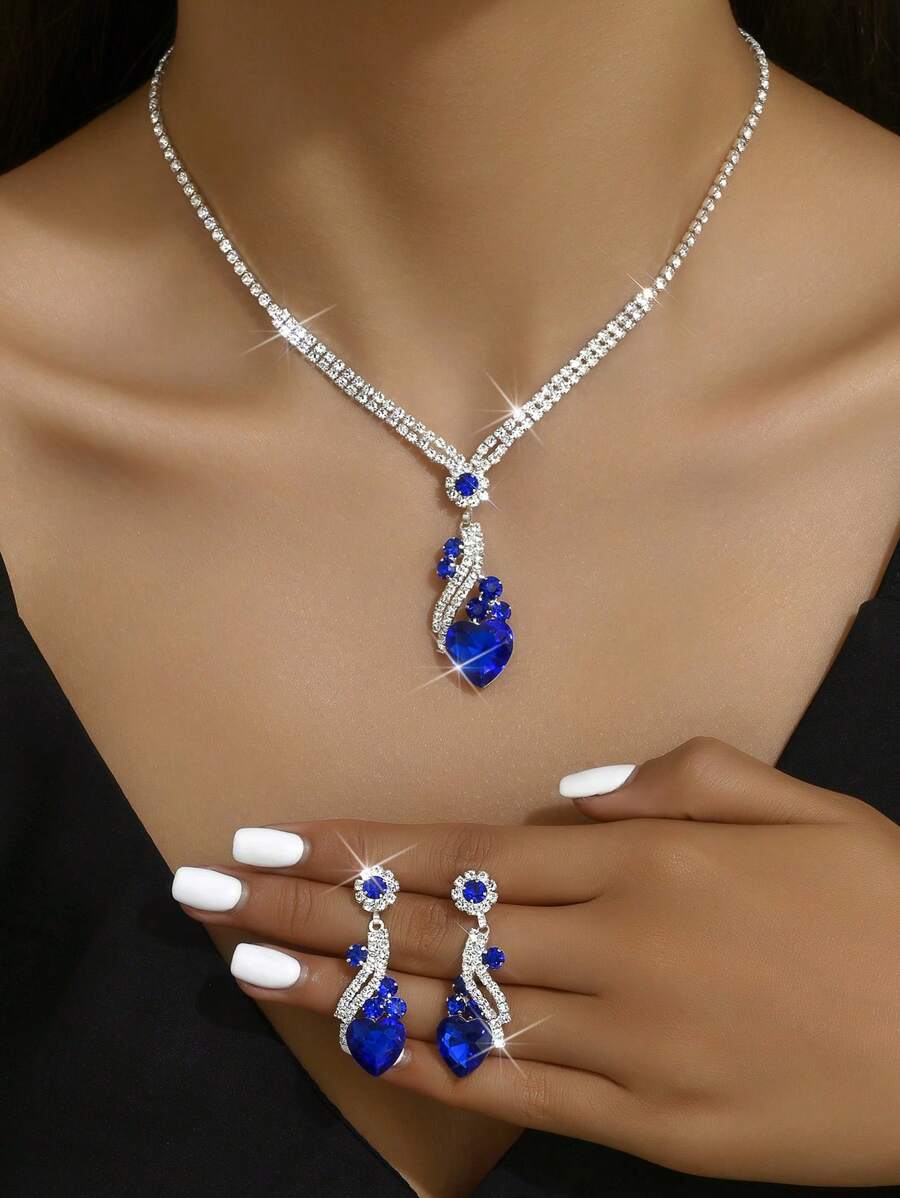 1 Vòng Cổ + 1 Đôi Bông Tai Bộ Trang Sức Cô Dâu, Khảm Kim Cương Giả, Dây Xích Xương Đòn Trái Tim Pha Lê Thời Trang Cho Nhiều Dịp Khác Nhau - Bạc - Xem 1