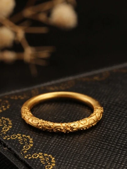 1pc Sophora Bloom Relief Ring With 18K Gold Plating, Vintage Craftsmanship Floral Texture Index Finger Ring For Men And Women Daily Wear