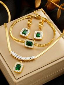 RAYQUEEN 不锈钢优雅设计绿色全装饰吊坠项链 + 手链 + 耳环套装，适合女士日常佩戴，馈赠佳品 - 金黃色 - 查看 9