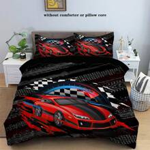 3pcs Cartoon Racing Theme Black Background Printed Duvet Cover Set, Soft Comfortable Skin-Friendly And Breathable, Warm Quilt Cover Set, Personalized Bedding Sets, Available In Multiple Sizes, Suitable For Boys, Girls, Kids, Adults, Bedroom, Guestroom (1*Duvet Cover+2*Pillowcases, No Duvet Insert)