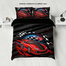 3pcs Cartoon Racing Theme Black Background Printed Duvet Cover Set, Soft Comfortable Skin-Friendly And Breathable, Warm Quilt Cover Set, Personalized Bedding Sets, Available In Multiple Sizes, Suitable For Boys, Girls, Kids, Adults, Bedroom, Guestroom (1*Duvet Cover+2*Pillowcases, No Duvet Insert)