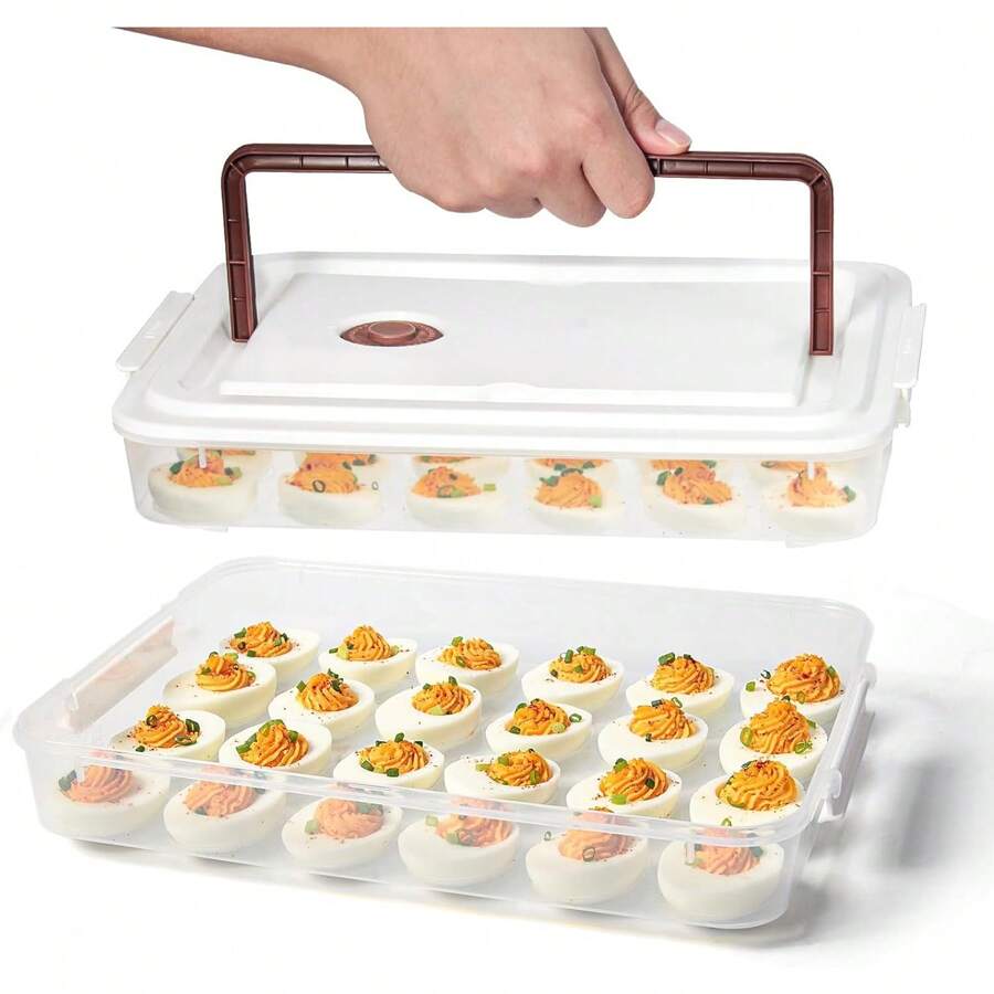 Deviled Egg Containers With Lid, (Set Of 2), Plastic Deviled Egg Tray Carrier With Handle For 48 Eggs, Clear Storage Egg Platter For Devil Egg, Fridge Stackable Portable Egg Holder - 1 - View 1