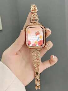 一套锌合金心形水钻装饰金属表带手链 + 一个水钻表壳，兼容 9SE、8、7、6、5、4、3、2、1、Ultra，尺寸 38mm、40mm、41mm、44mm、45mm，佩戴方便，尺寸可调节，时尚玫瑰金表带，闪耀元素，女士专属 - 玫瑰金 - 查看 2