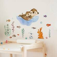 SURELIFE 1張水彩水獭家庭母子海草游泳卡通牆貼壁畫貼紙，適用於兒童房、幼兒園、臥室壁畫 - 彩色 - 查看 4