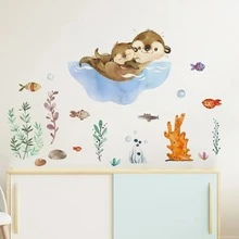 SURELIFE 1張水彩水獭家庭母子海草游泳卡通牆貼壁畫貼紙，適用於兒童房、幼兒園、臥室壁畫 - 彩色 - 查看 5
