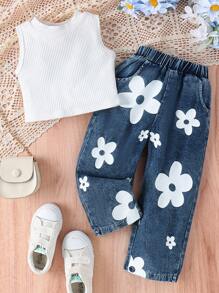 2 piezas Conjunto de top acanalado + pantalones para bebé niña, conjunto de ropa delgada de verano - Blanco - Ver 1