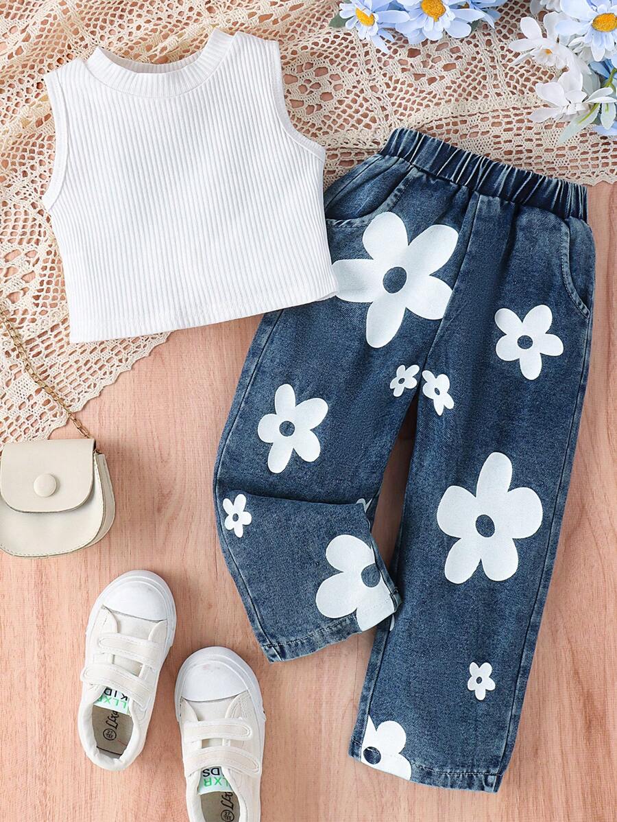 2 piezas Conjunto de top acanalado + pantalones para bebé niña, conjunto de ropa delgada de verano - Blanco - Ver 1