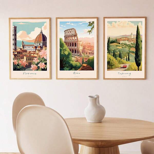 3pcs/Set Italy Tuscany Landscape Canvas Wall Art Prints, Colorful Italian Posters, Ideal Gift For Bedroom, Living Room, Corridor, Dining Room, Wall Art, Home Decor, Summer Decoration, Wall Decoration, Room Decoration, Frameless