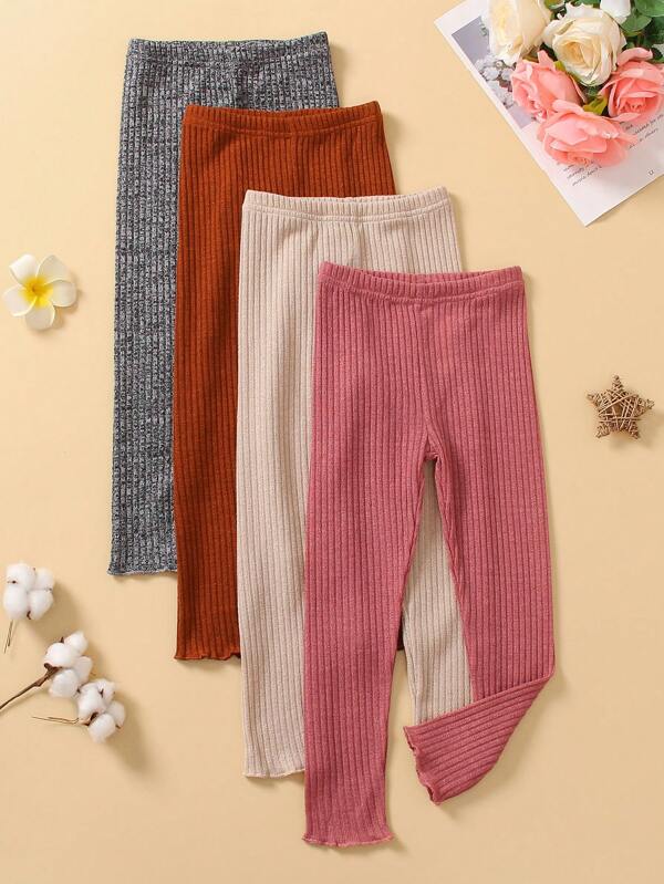 4pcs Girls Young Girl' Solid Color Casual Knit Ribbed Leggings, Lightweight And Versatile All-Match Pants