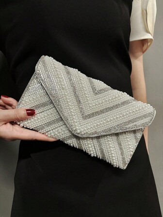 Bolso de sobre para la noche con decoración de rhinestone y perlas, embrague de fiesta con incrustaciones de rhinestone y cristal con correa cadena, 23*13*0.5cm