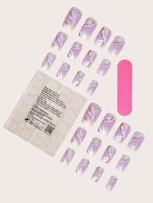 法式軟粉紫漸變閃粉短正方形人工指甲 24入組+果凍凝膠指甲墊 1pc + 指甲文件 1pc - 彩色 - 查看 2