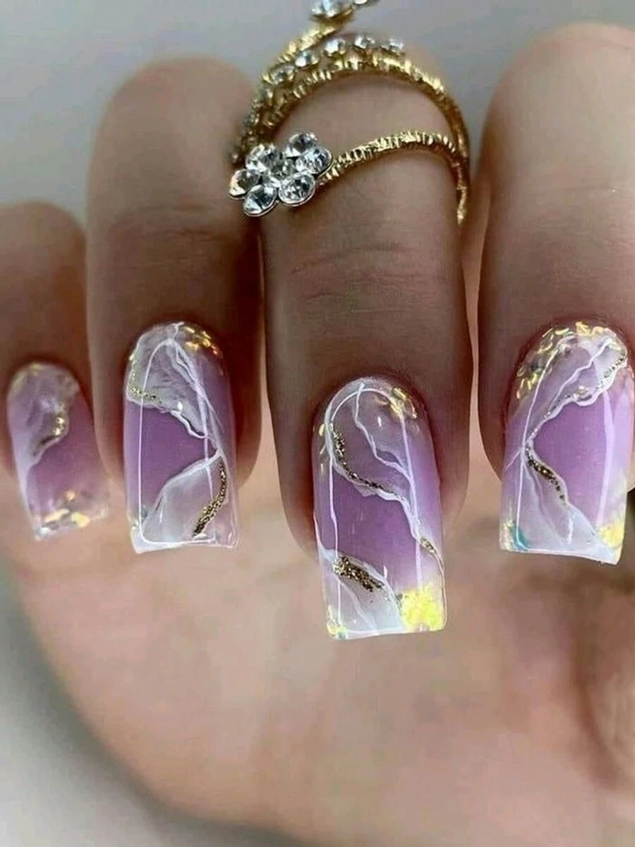 法式軟粉紫漸變閃粉短正方形人工指甲 24入組+果凍凝膠指甲墊 1pc + 指甲文件 1pc - 彩色 - 查看 1