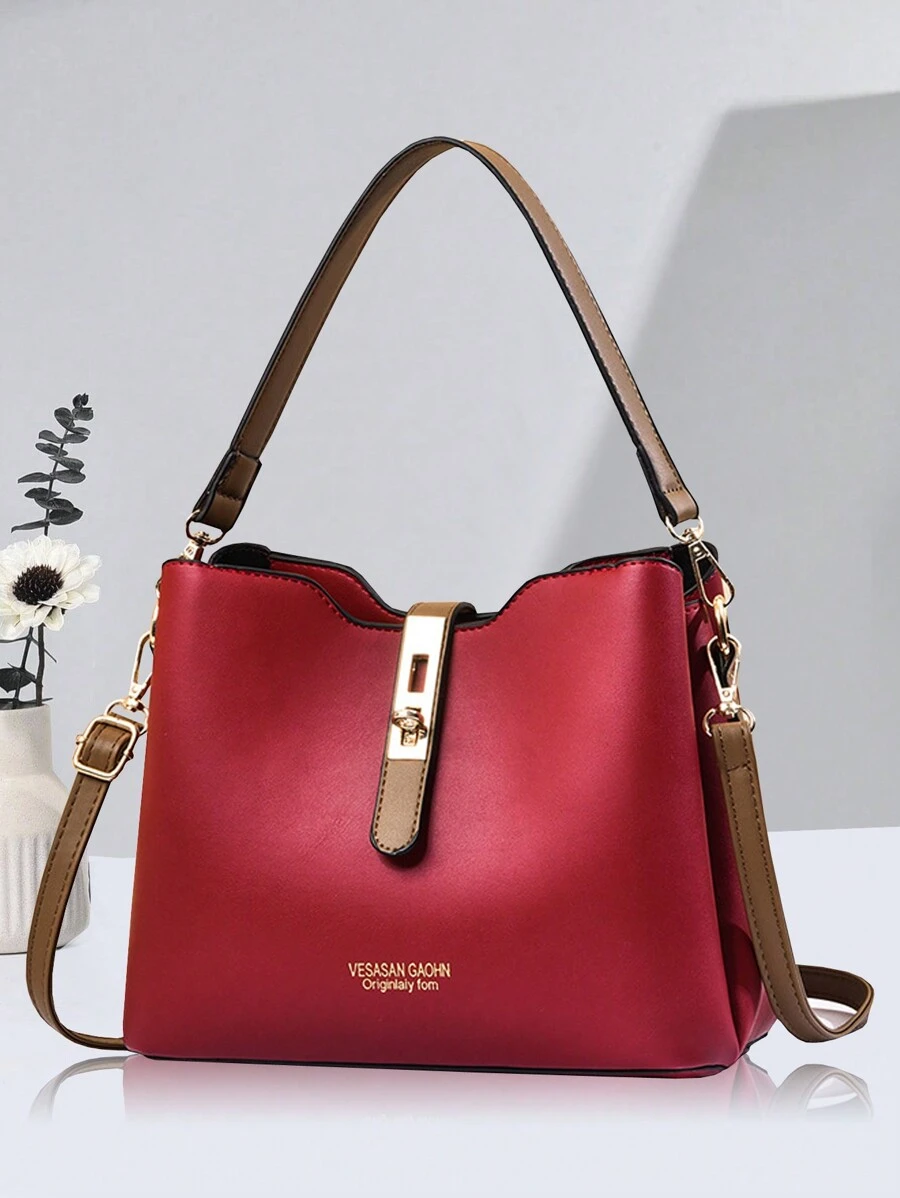PLANEE 简约多口袋大容量手提包，时尚托特单肩包，斜挎包，女士休闲手提包，单肩包钱包组合，撞色设计，适合通勤、上学和购物，休闲单肩托特包，时尚流浪包购物袋，女士节日礼物 - 酒紅色 - 查看 1