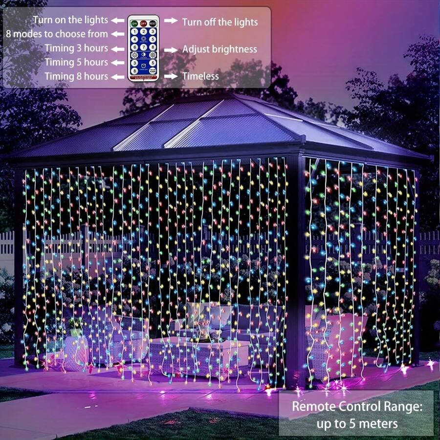 Solar Curtain Lights Remote Control, Outdoor Garden Lights 300 LED 8 Modes Remote Control Waterproof Solar Waterfall Fairy String Lights Decoration For Patio Garden Party Wedding (Multi-Color) - 七彩燈串-300*300cm - 查看 1