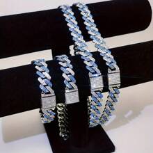 1 Vòng cổ Link Miami Hoặc Vòng tay nữ có khảm kim cương giả sáng, Dây chuyền nam và nữ mạ bạc, Phong cách hip-Hop, Có nhiều kích cỡ khác nhau - trắng xanh - Xem 1