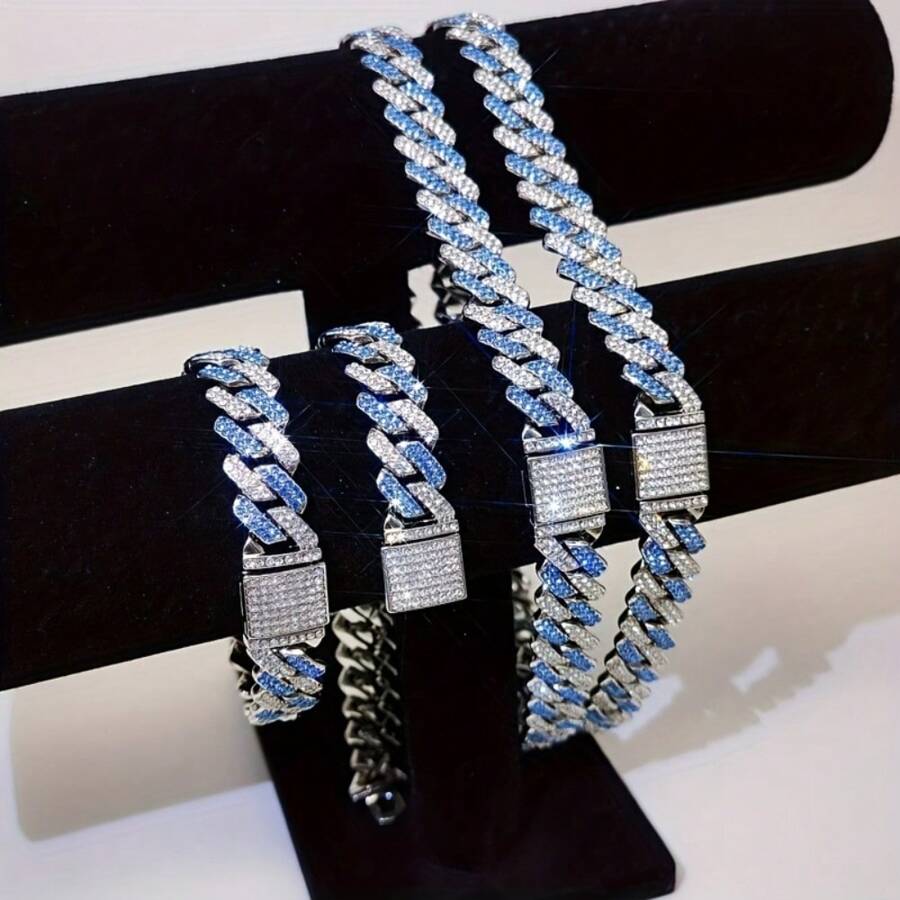 1 Vòng cổ Link Miami Hoặc Vòng tay nữ có khảm kim cương giả sáng, Dây chuyền nam và nữ mạ bạc, Phong cách hip-Hop, Có nhiều kích cỡ khác nhau - trắng xanh - Xem 1