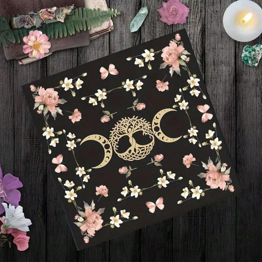 1pc Autumn Phase Moon & Floral Altar Cloth,  Card Reading Cloth For Witches,  Mat For Room Decoration