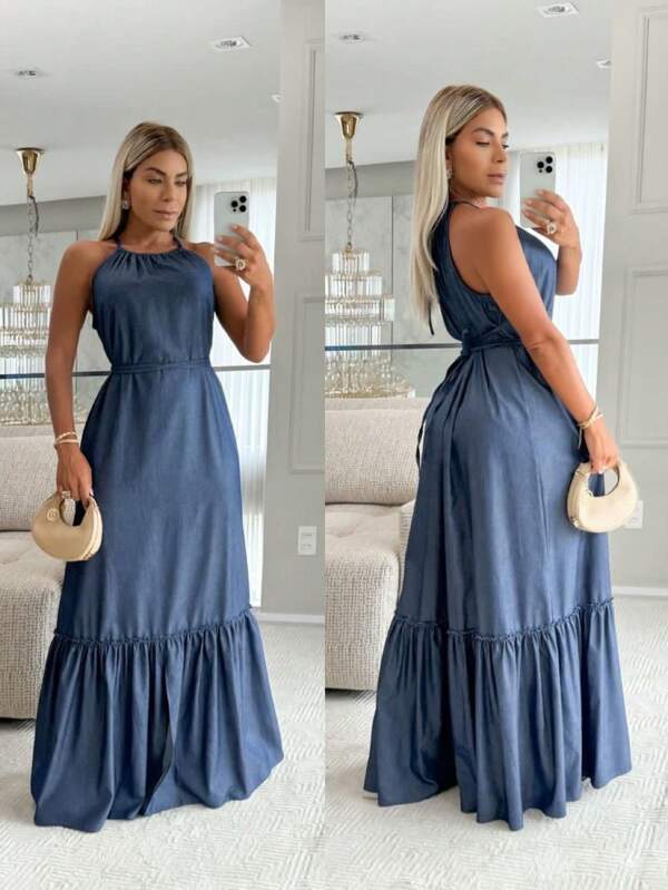 Vestido Longo Jeans Feminino Sem Mangas Frente Unica Babado Tres Marias Cinto Elegante
