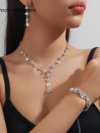 4pcs/Set Romantic Crystal Necklace Jewelry Set For Bride, Bridesmaid, Party Valentine's Day Accessories