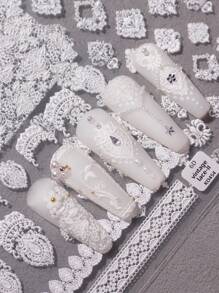 2片白色镂空蕾丝超薄巴洛克风格美甲贴纸，适合日常妆容、新娘妆、重要节日、个人或美甲师使用，美甲贴纸，适合个人DIY、美甲师和女孩使用。 - 白色 - 查看 1