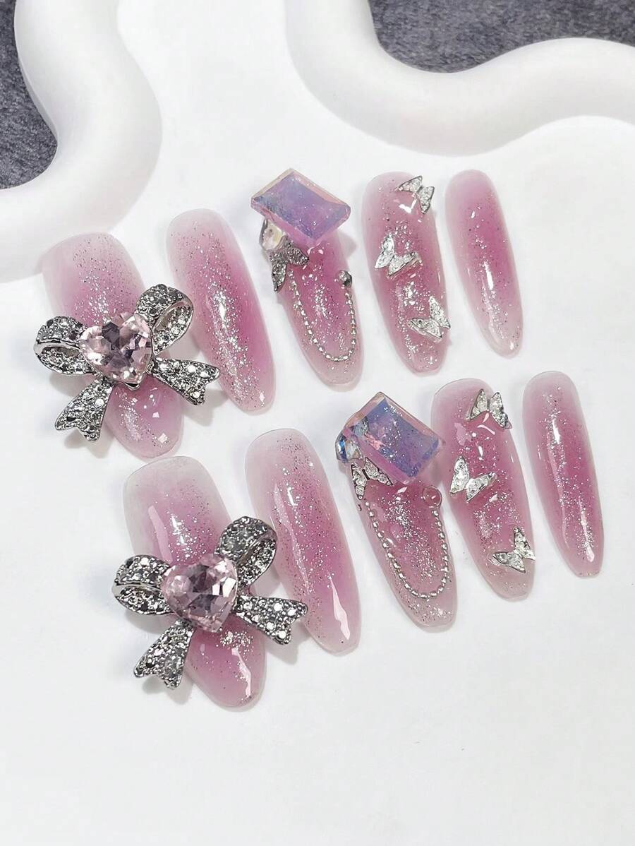 10入組漸層閃爍貓眼蝴蝶美甲金屬配件3D可穿戴拆卸式指甲貼片，帶蝴蝶結設計，配有果凍貼紙 - 紫色 - 查看 1