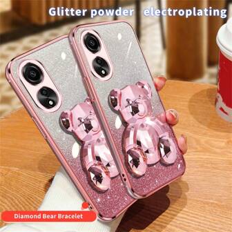 苹果可爱手机壳电镀闪钻菱形泰迪熊折叠支架手机壳，适用于OPPO A60 A77S A77 A18 A38 RENO7Z RENO 12 11 F RENO8Z 8T。电镀闪钻手机壳，带菱形泰迪熊折叠支架。时尚彩色闪钻软壳保护壳，女士适用，防摔，兼容。防水防震防刮