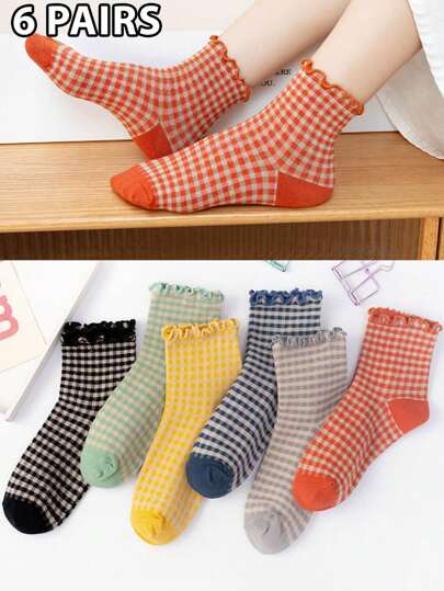 6 coppie di Calzini a mezza altezza a contrasto di colore a righe pieghettati per le donne per l'uso quotidiano in primavera ed estate