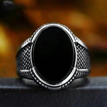 復古時尚黑色瑪瑙銀款男戒，朋克商務派對嘻哈風格男士禮物 - 銀色 - 查看 4