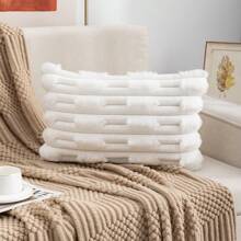 1pc Plush Wide Stripe Pillowcase - White - View 4