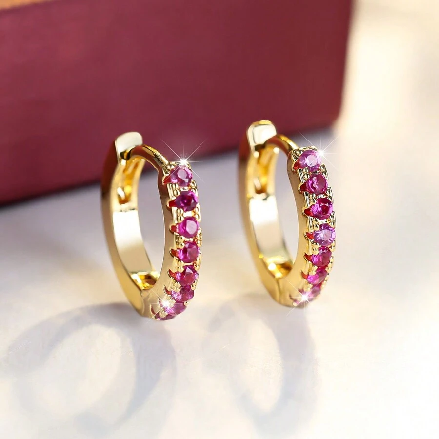 One Pair Of Gold-Plated Micro-Inlaid Zirconia Earrings - Red - View 1