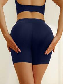 Spandex Tummy Control Yoga Shorts With Pockets, High Waist Workout Shorts For Active Wear - Navy Blue - View 5