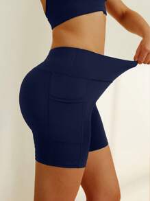 Spandex Tummy Control Yoga Shorts With Pockets, High Waist Workout Shorts For Active Wear - Navy Blue - View 6