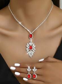 1 Vòng Cổ + 1 Đôi Bông Tai Bộ Trang Sức Cô Dâu, Khảm Kim Cương Giả, Dây Xích Xương Đòn Trái Tim Pha Lê Thời Trang Cho Nhiều Dịp Khác Nhau - Bạc - Xem 10